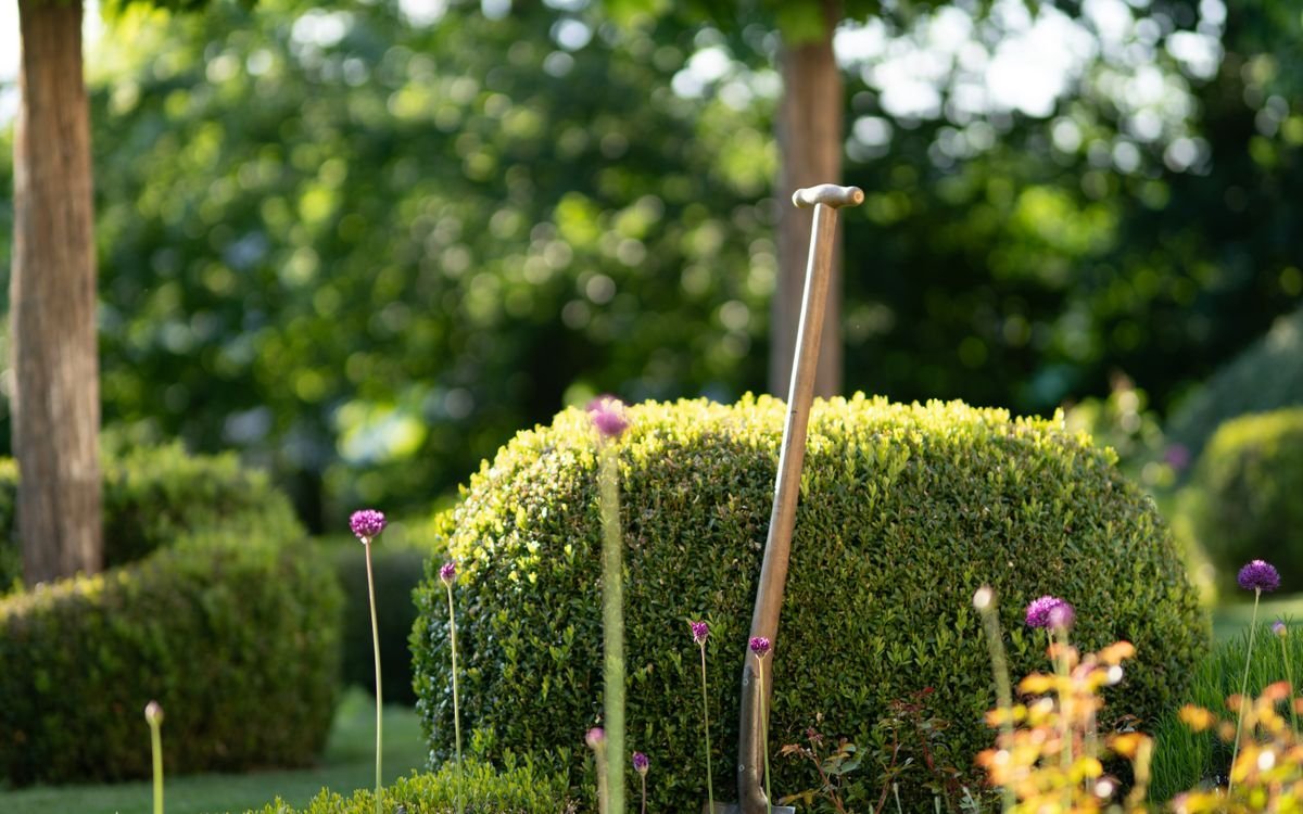 Gartenspaten steckt in einem Beet vor einer geschnittenen Hecke
